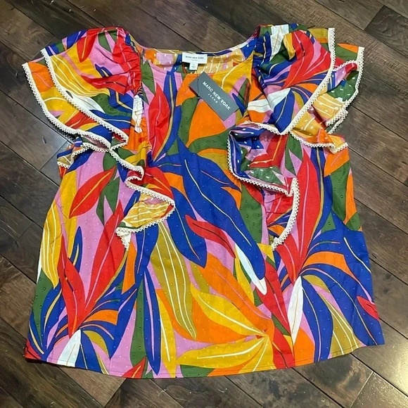 Marc New York Tropical Ruffle Multicolored blouse Cotton Plus Size 2X Flowy NWT - Picture 2 of 11